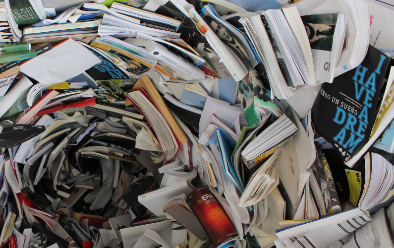 Messy pile of books, one with a cover saying, I Have A Dream